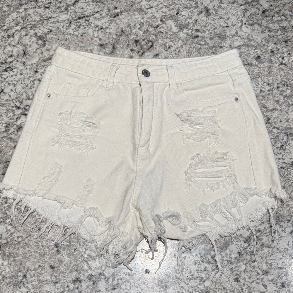 SHEIN White Distressed Jean Shorts
